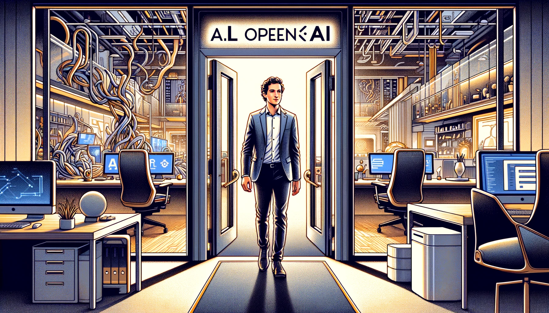 DALL·E 2023-11-27 09.17.29 - An illustration of Sam Altman, CEO of OpenAI, returning to the company, depicted as a metaphor with him walking through a doorway into an office fille.png