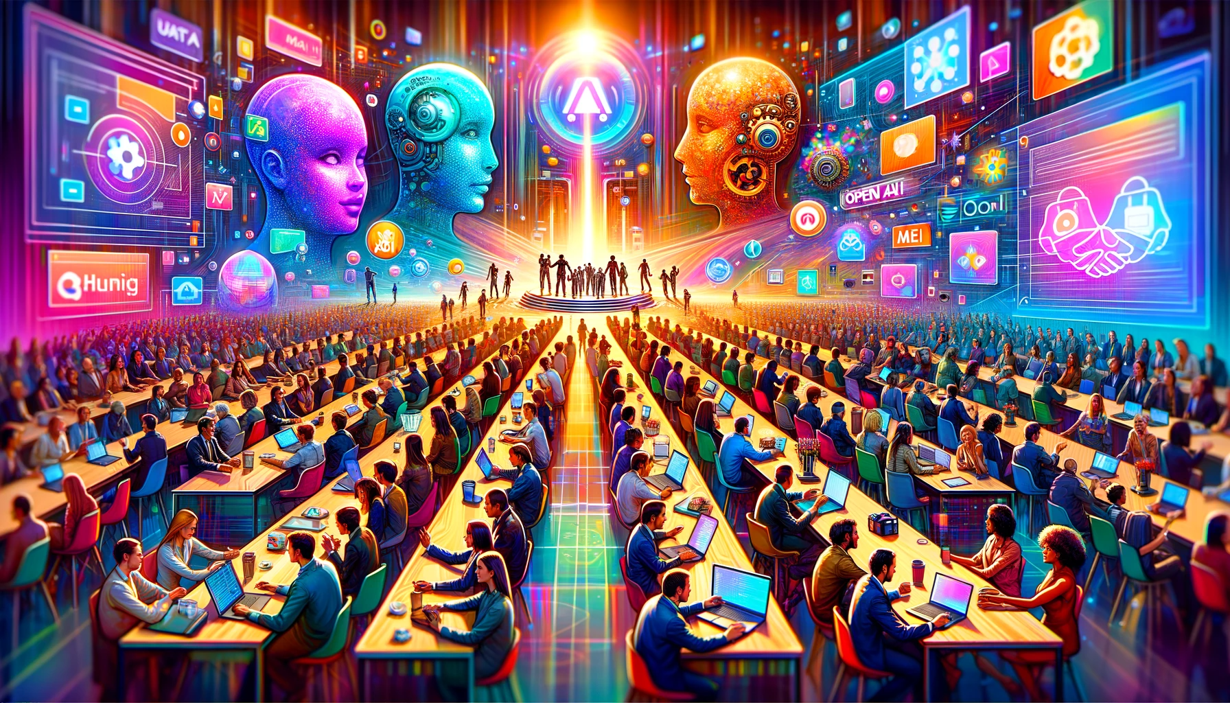 DALL·E 2023-11-27 09.20.15 - A vibrant depiction of the most popular AI institutions as announced by Hugging Face. Illustrate a dynamic and futuristic conference scene with repres.png