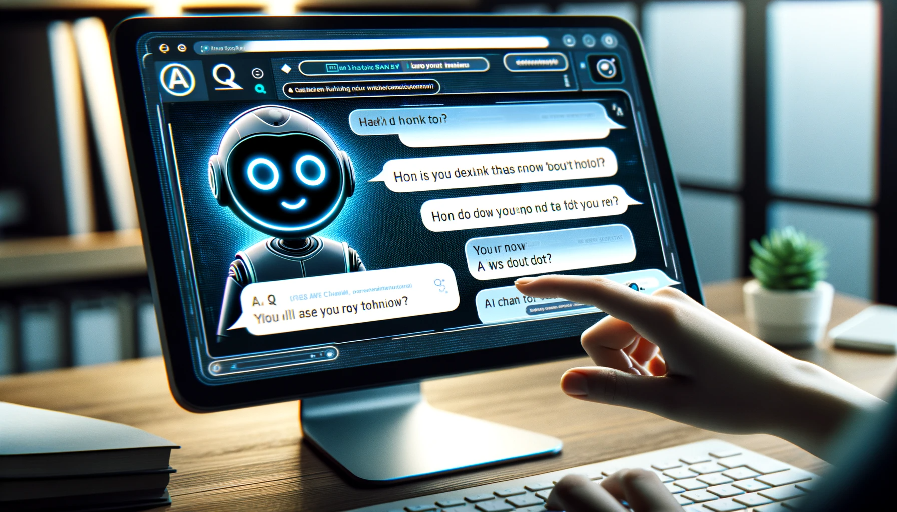 DALL·E 2023-11-30 00.09.42 - An image of an AI-powered chatbot interface on a computer screen, showing a conversation between a user and the chatbot 'Q'. The chatbot is providing .png