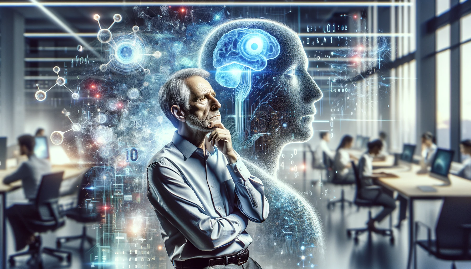 DALL·E 2023-11-30 00.09.48 - A conceptual image of Geoffrey Hinton, the father of AI, expressing concern over his creation. The image shows a thoughtful Hinton in a modern office .png